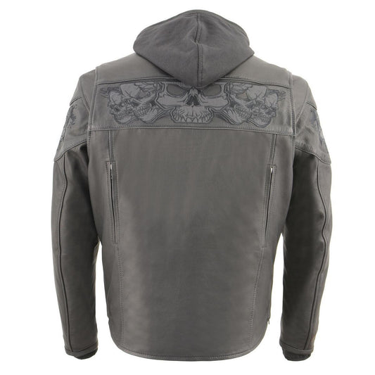 Milwaukee Leather MLM1563 Men's Black Leather Scooter Style Motorcycle Jacket with Reflective Skulls w/ Hoodie
