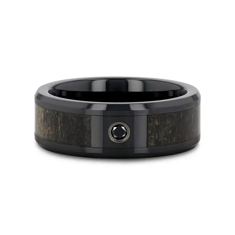 MONTANA Black Ceramic Ring with Ombre Deer Antler Inlay Polished Beveled Edges with Black Diamond - 8mm