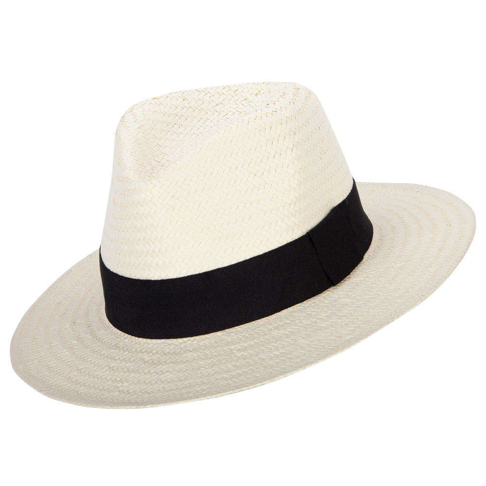 Men's Toyo Paper Braid Wide Ribbon Band Accented Large Brim Fedora Hat