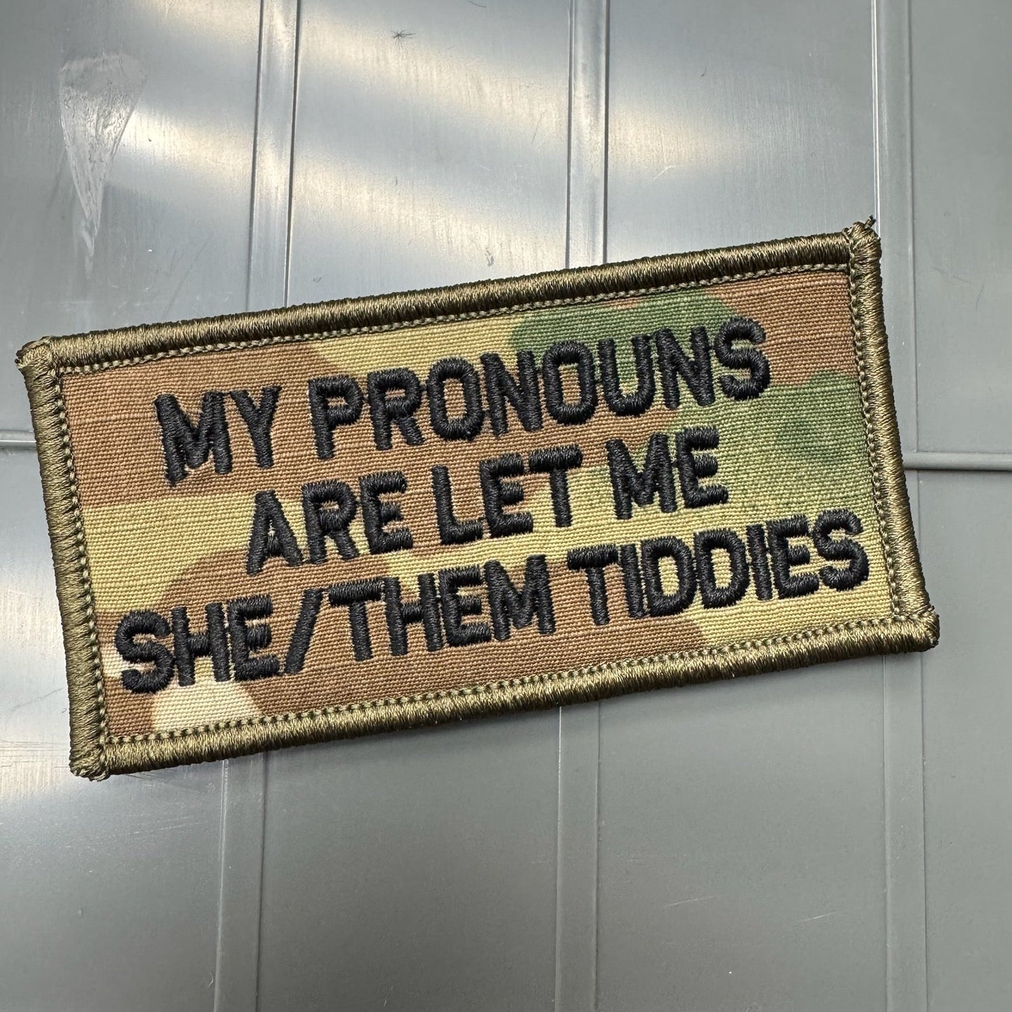As Seen on Socials - My Pronouns Are Let Me She/Them Tiddies - 2x4 Patch - Multicam w/Black