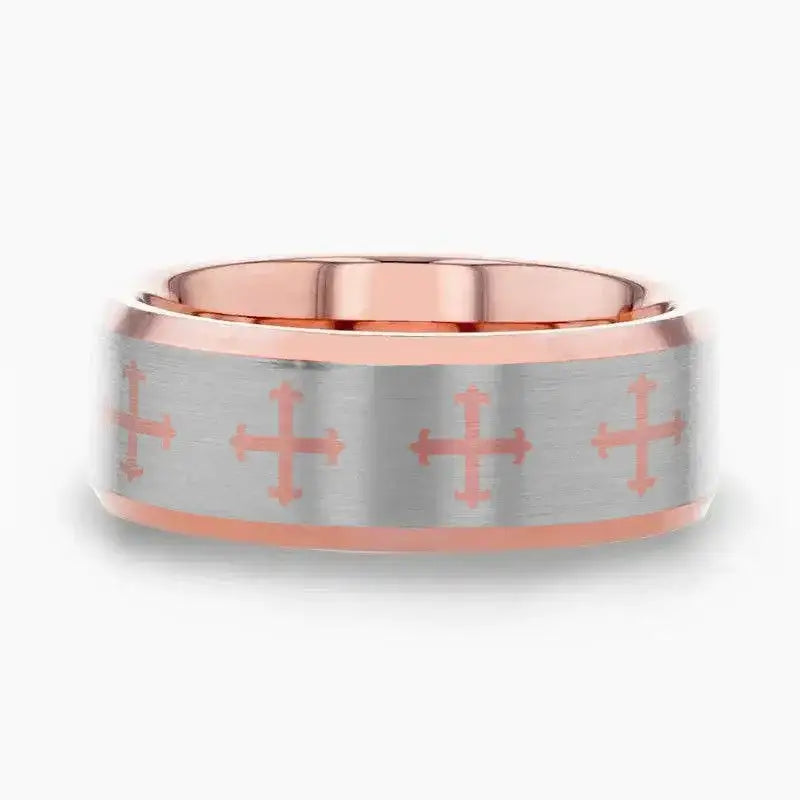 FLEUR CROSS on Flat Rose Gold Plated Tungsten Carbide Ring with Beveled Edges