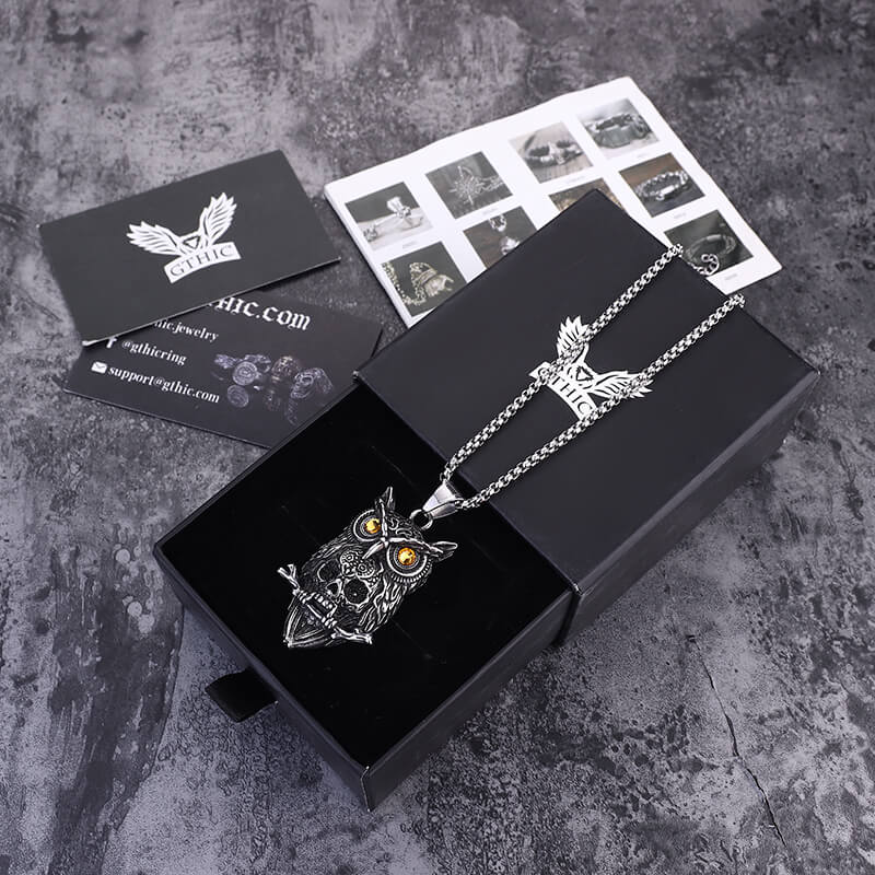 Owl Stainless Steel Gemstone Skull Pendant