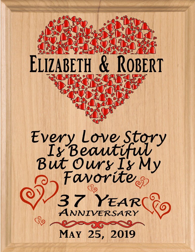 37 Year Anniversary Gift – Personalized Plaque with “Every Love Story Is Beautiful” Inscription