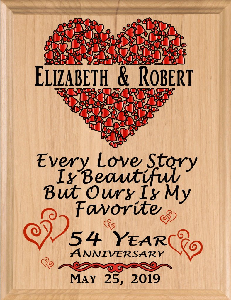 54 Year Anniversary Gift – Personalized Plaque with “Every Love Story Is Beautiful” Inscription