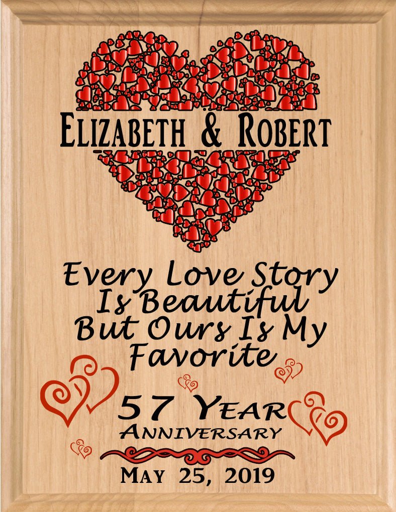 57 Year Anniversary Gift – Personalized Plaque with “Every Love Story Is Beautiful” Inscription