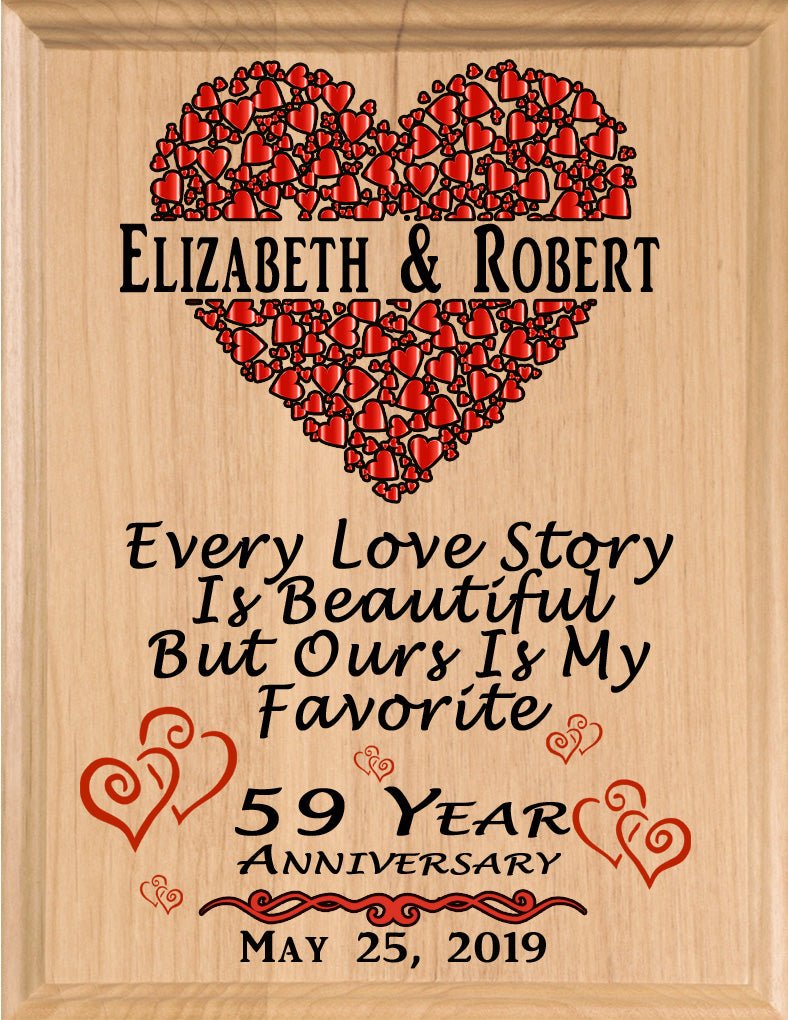 59 Year Anniversary Gift – Personalized Plaque with “Every Love Story Is Beautiful” Inscription