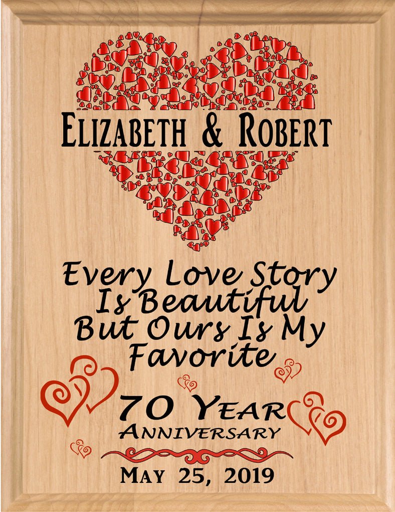 70 Year Anniversary Gift – Personalized Plaque with “Every Love Story Is Beautiful” Inscription