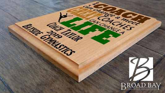 Custom Gymnastics Coach Gift – Personalized Wood Plaque with Name & Year – “Great Coaches Change Lives” – Solid Wood – USA Made – 11x8.5