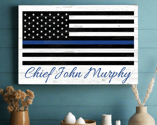Personalized Thin Blue Line Flag Sign - Police & Law Enforcement Gift - Solid Wood