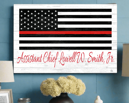 Personalized Thin Red Line Flag Sign – Custom Firefighter Name Wall Art | Fire Department Gift Solid Wood
