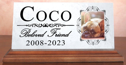 Pet Memorial Plaque With Picture for Shelf or Mantel - Solid Marble - 4" x 8"