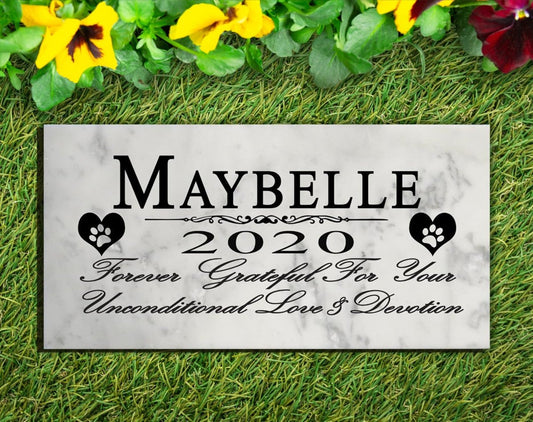 Pet Memorial Stone Plaque For Dogs Or Cats - Solid Marble - Custom Name & Date
