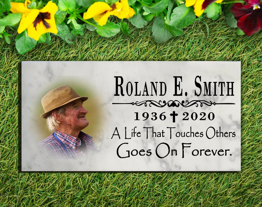 Photo Memorial Stone Loved One Loss Gift with Custom Picture - A Life That Touches Others Goes On Forever