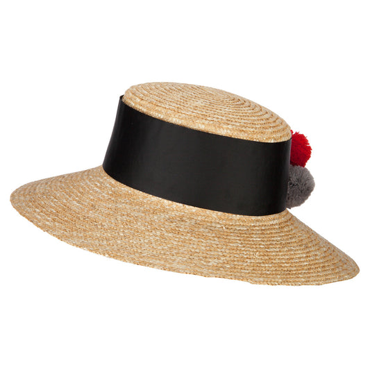 Women's Straw Wide Band with Pom Pom Accented Boater Hat