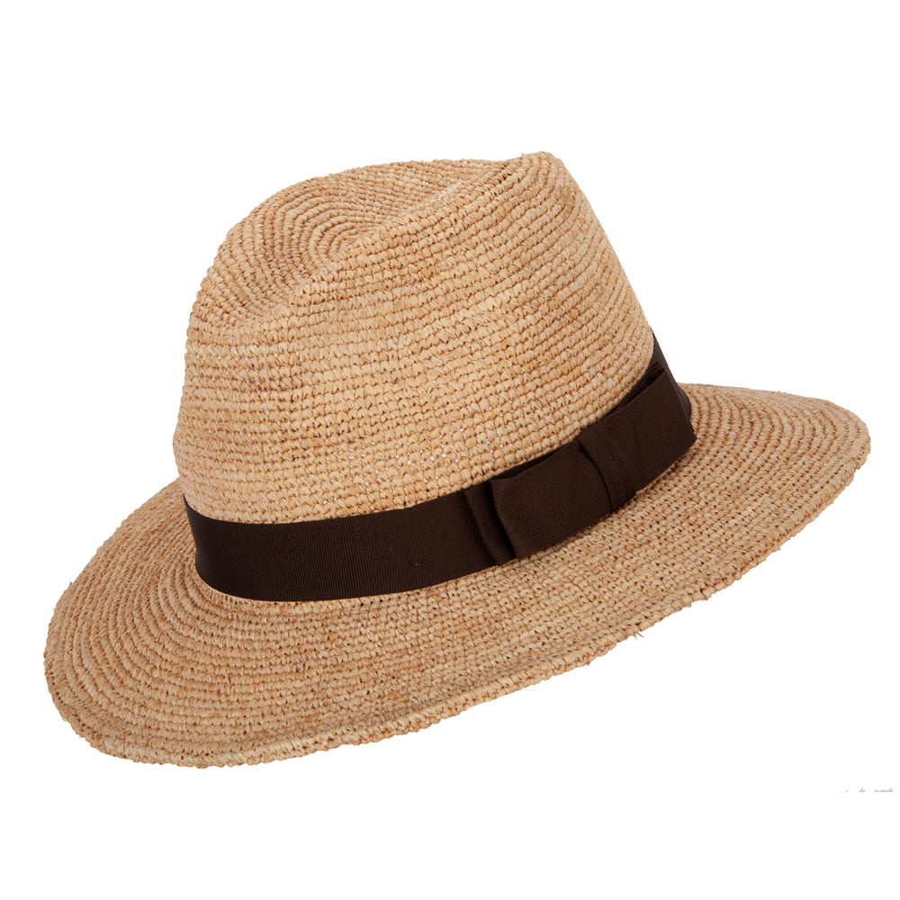 Women's Raffia Braid Double Bow Accented Large Brim Fedora Hat