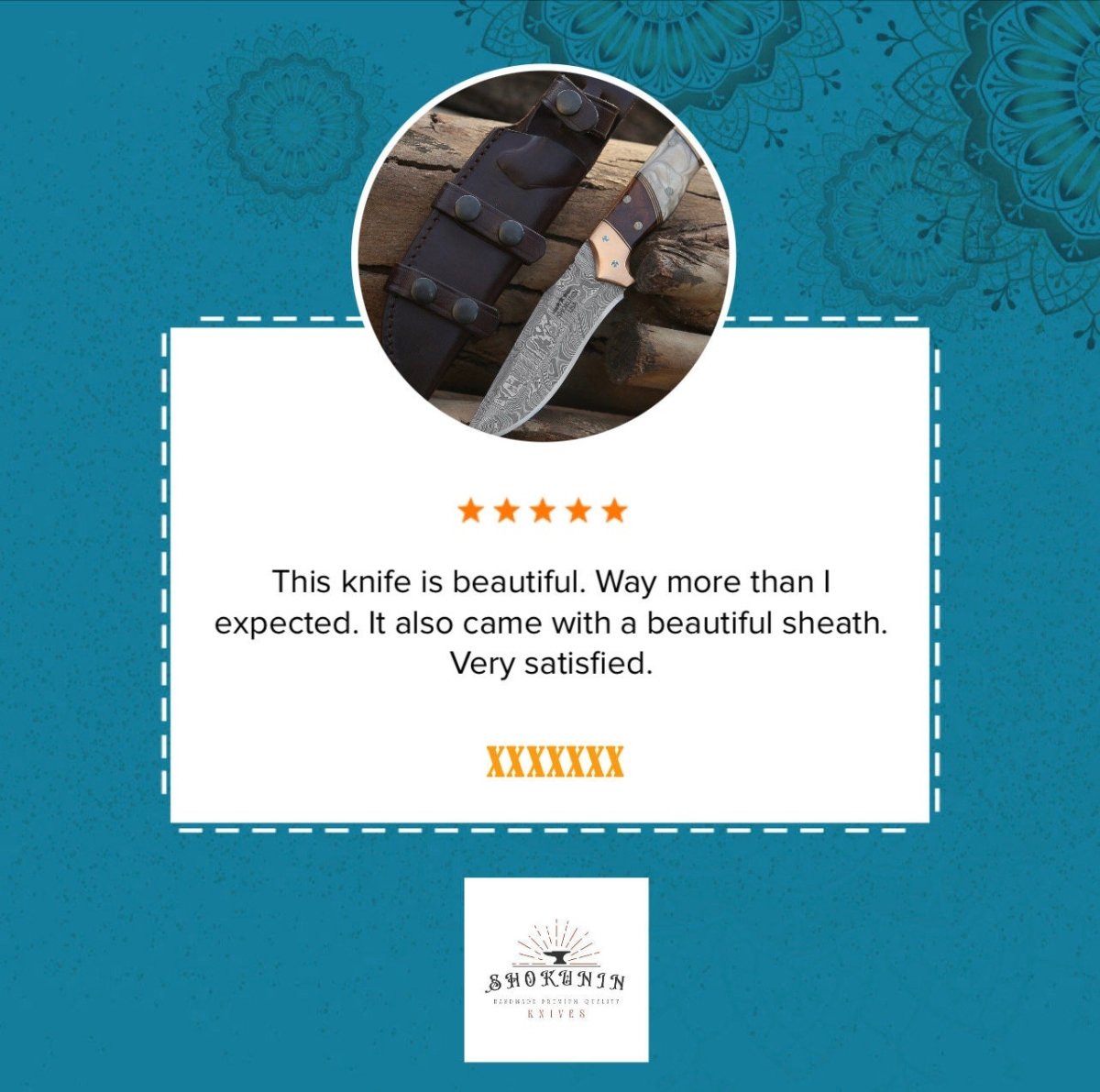 Reaper Damascus Hunting Knife with Mother of Pearl, Exotic Rose Wood and Copper Handle