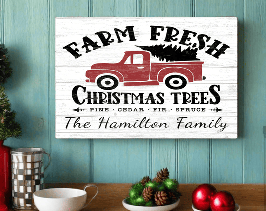 Red Truck Fresh Christmas Trees Sign Personalized Vintage Holiday Decoration