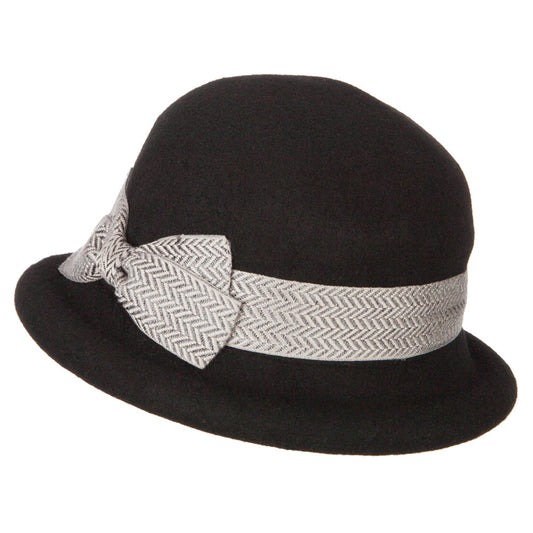 Women's Wool Felt Herringbone Design Ribbon Accented Rolled Up Brim Bucket Hat