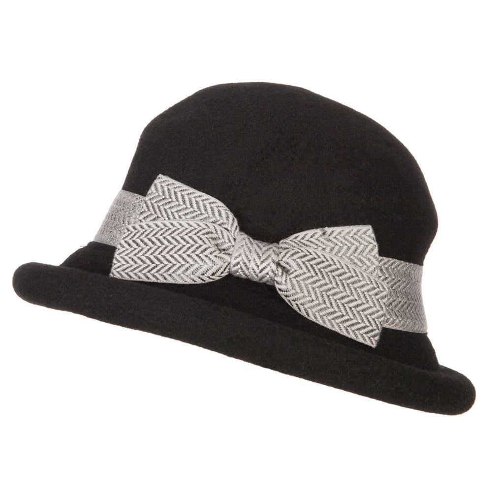 Women's Wool Felt Herringbone Design Ribbon Accented Rolled Up Brim Bucket Hat