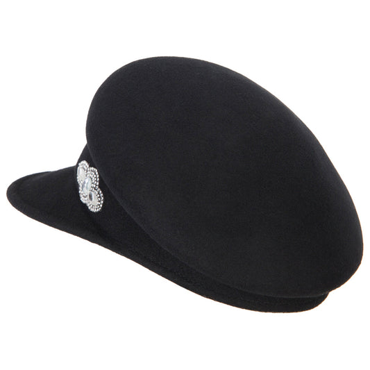 Women's Rhinestone Accent Wide Band Wool Felt Newsboy Cap
