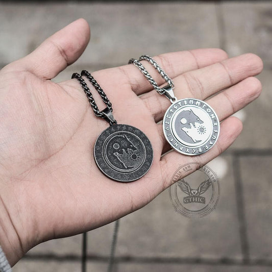 Rotatable Skoll and Hati Wolf Runes Stainless Steel Pendant