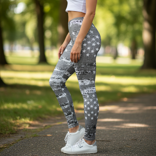 High Waist Silver Flag USA Yoga Leggings, XS- XL