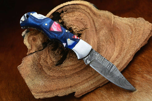 Damascus Handmade Custom Folding Pocket Knife with Epoxy Resin and Steel Bolster Handle, 3-inch Blade Length