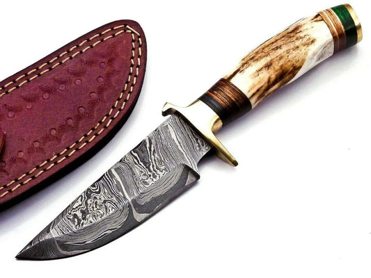 Custom Hand Forged Damascus Steel Hunting Brass Guard Knife& Stag Handle WH 57