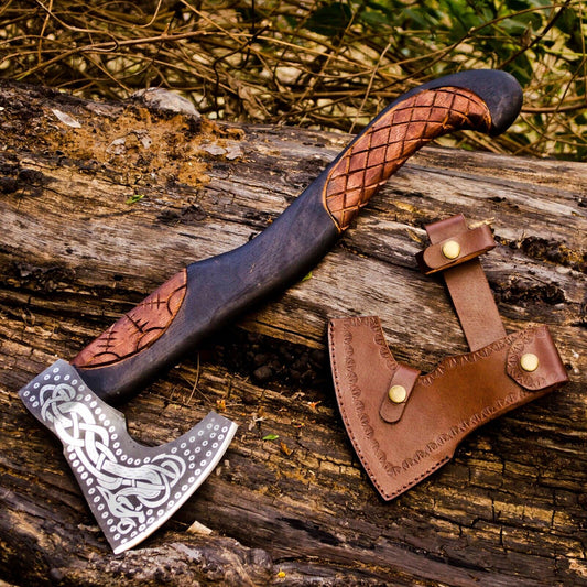 Handcrafted Battle Axe with Engraved 1095 Steel Blade and Hand Engraved Rosewood Handle – KBS Knives Store