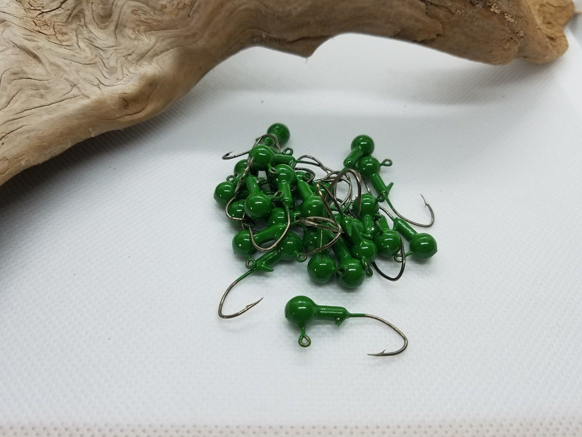 35 pk. 1/16 oz. Cam's "Dark Green" Painted Jigs with Collar and #2 Black Nickel "NASTY BEND HOOKS"