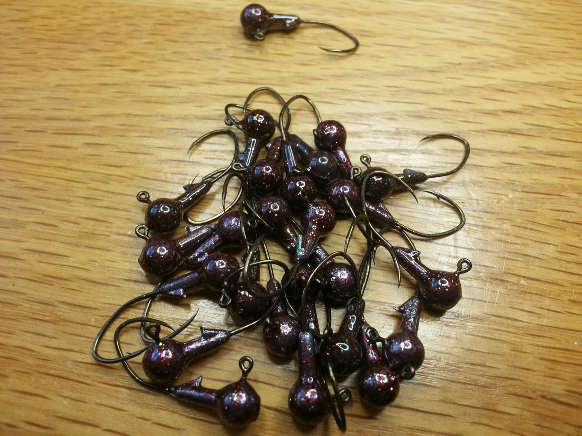 35 pk. 1/16 oz. Cam's "Grape Flake" Painted Jigs with Collar and #2 Black Nickel "NASTY BEND HOOKS"