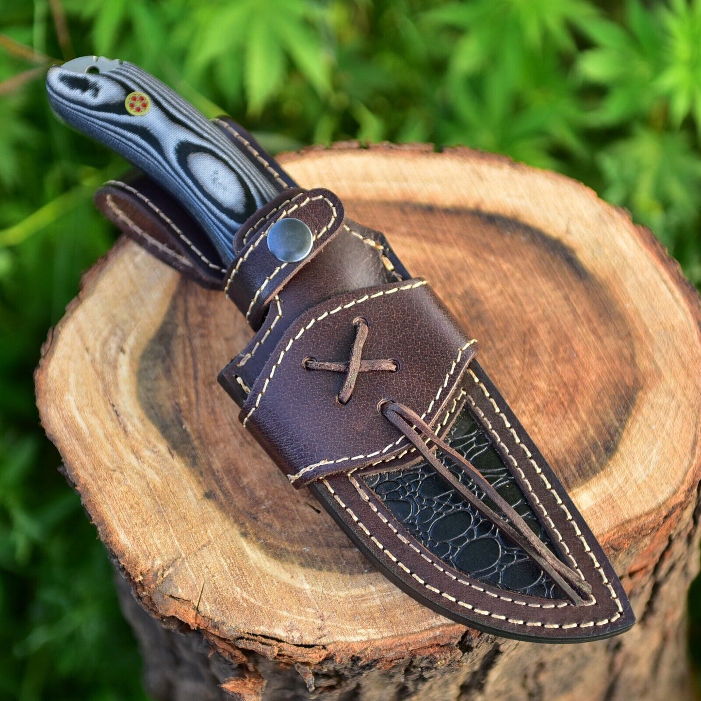 Wilderness Guardian: Hunting Knife with Twist Damascus Steel Blade, Micarta G10 Handle, and Leather Sheath