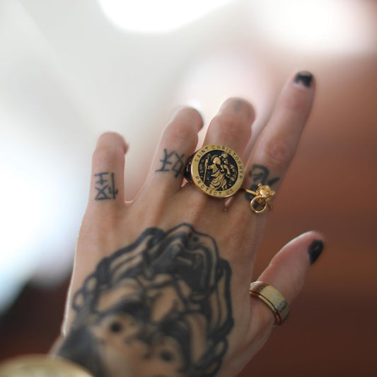 Saint Christopher Protect Us Stainless Steel Cross Ring