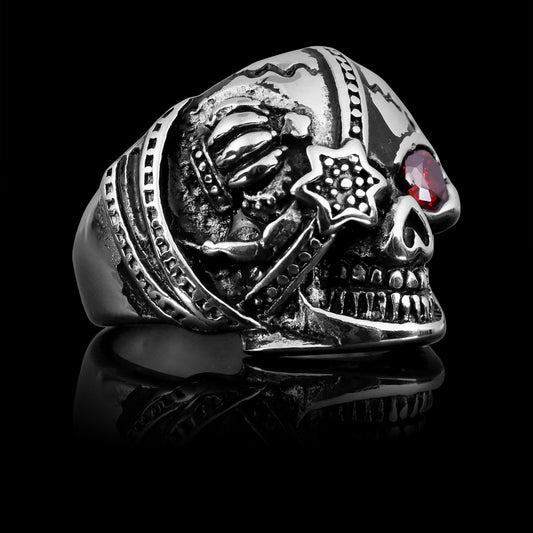 Stainless Steel Skull With Red CZ Eye and Eyepatch Ring