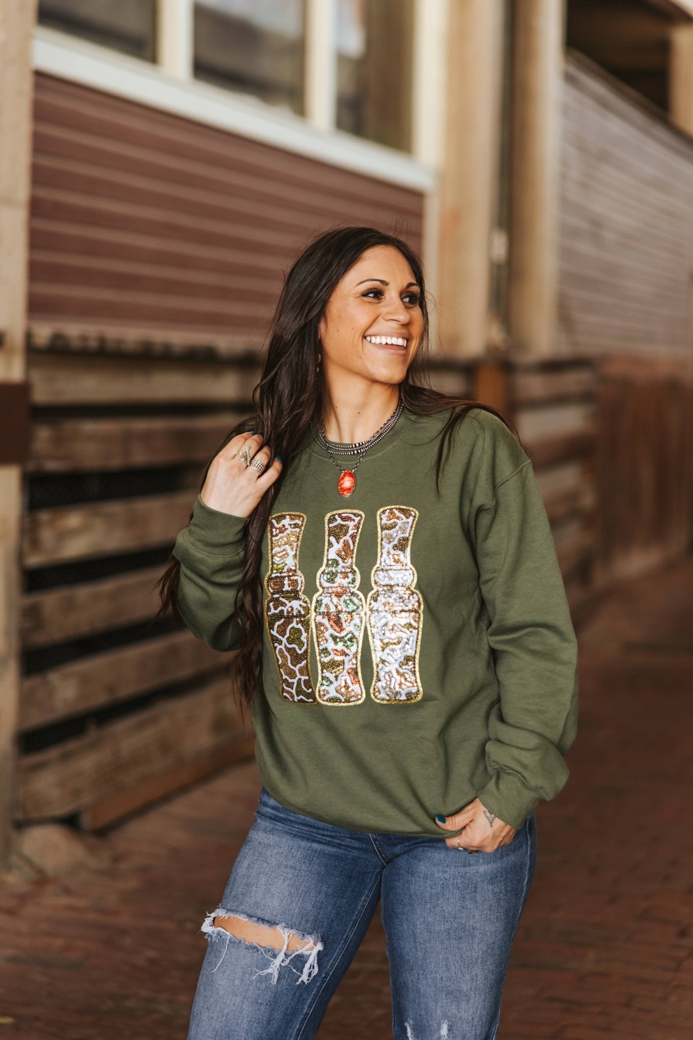 Sequin Hunting Duck Calls Patch Sweatshirt