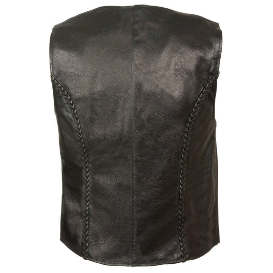 Milwaukee Leather SH1246Z Women's Black Leather Classic Braided Motorcycle Rider Vest with Zipper Closure