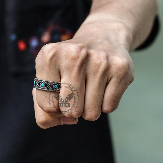 Simple Blue Turquoise Inlaid Hollow Titanium Steel Ring