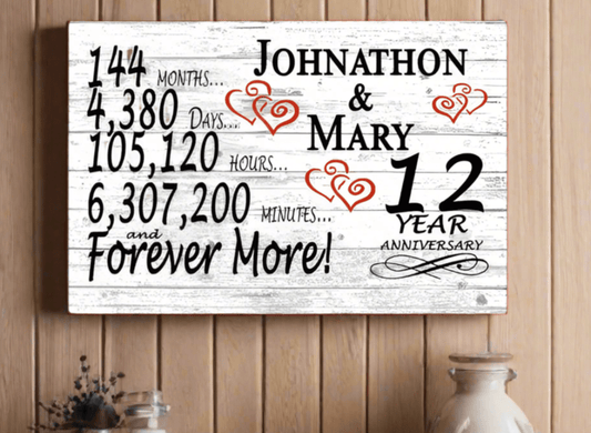 Personalized 12 Year Anniversary Gift – Custom Names | Solid Wood Countdown Sign for Couples