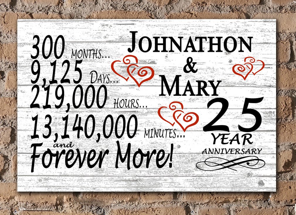 Solid Wood 25 Year Anniversary Gift Personalized Names for Couples