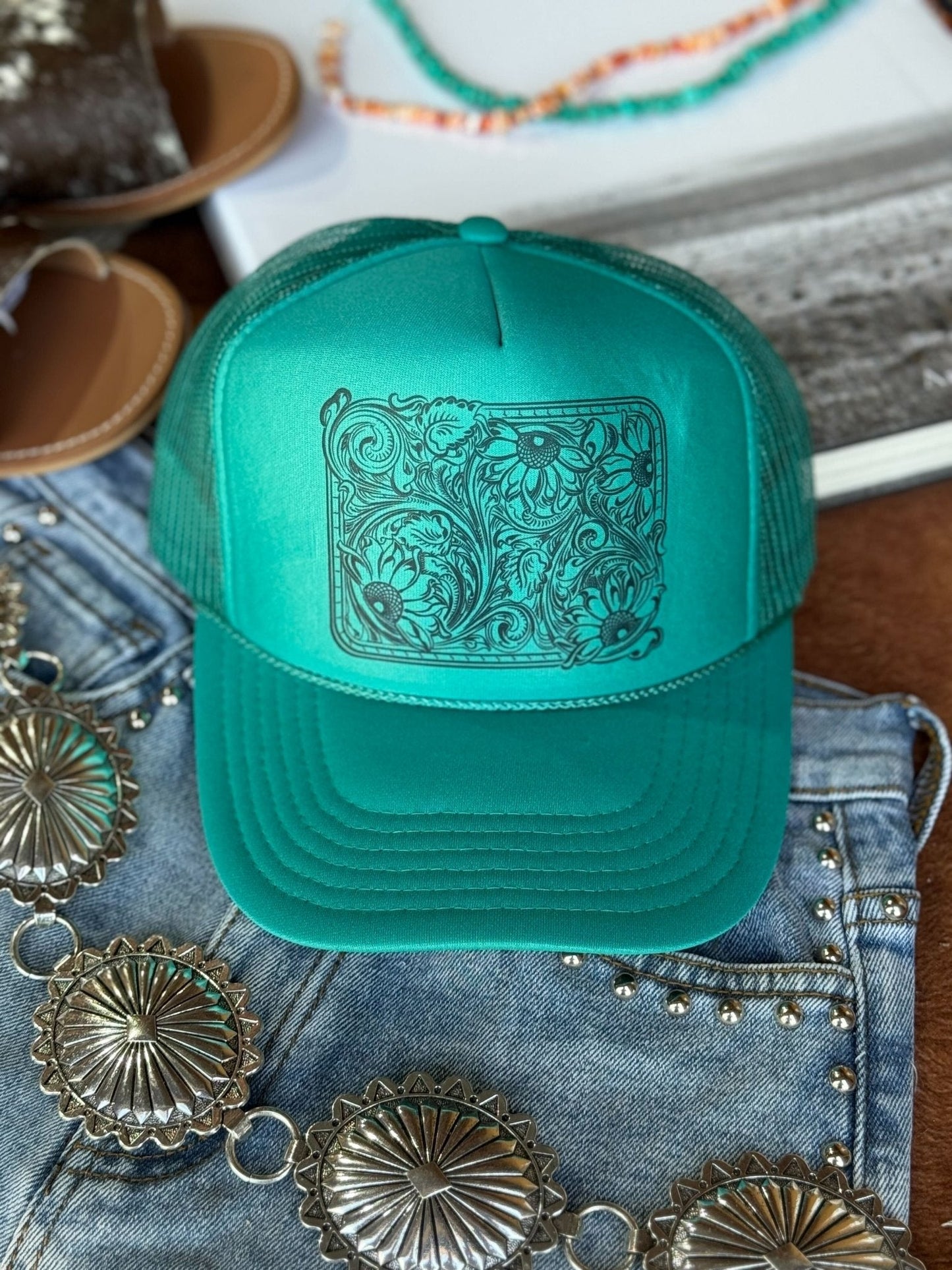 Sunflower Tooled Leather Trucker Hat