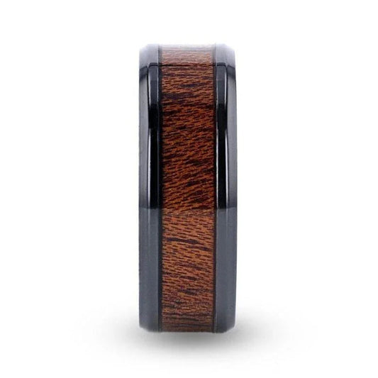 DOMINICA Black Titanium Band with Polished Bevels and Exotic Mahogany Hard Wood Inlay - 8mm
