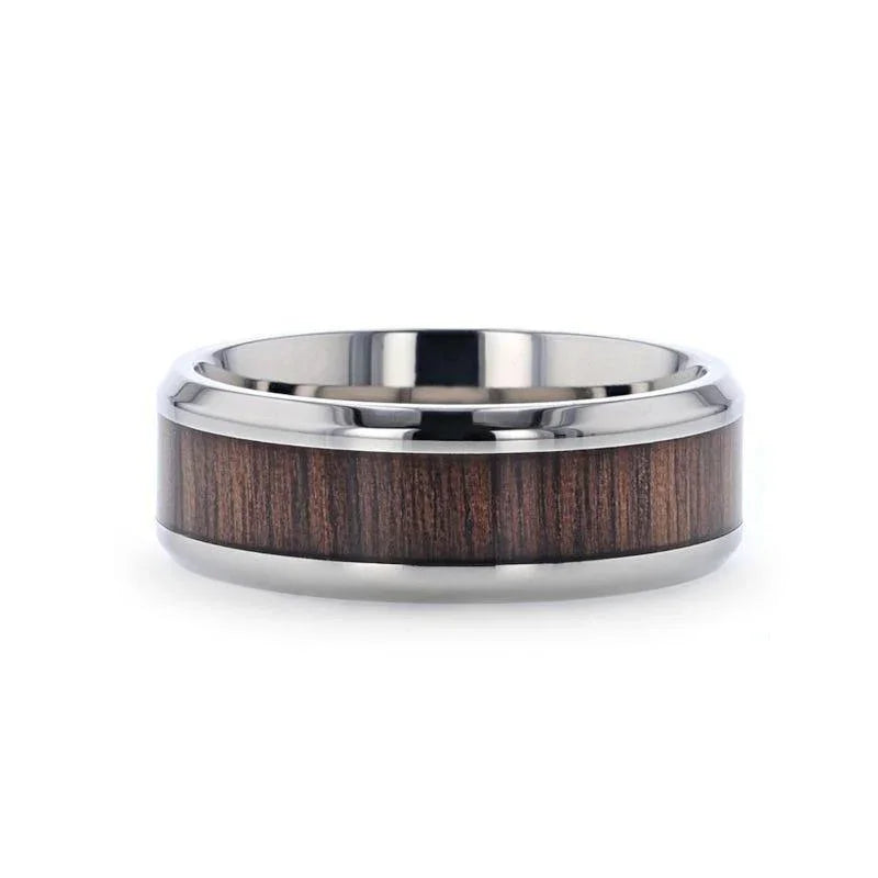 SCOTIA Beveled Titanium Ring with Black Walnut Wood Inlay - 8mm