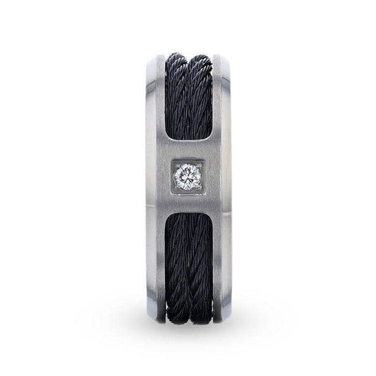 SECTOR Black Rope Cables Inlaid Brushed Finish Titanium Men's Wedding Ring with Diamond Centered And Beveled Polished Edges - 8mm