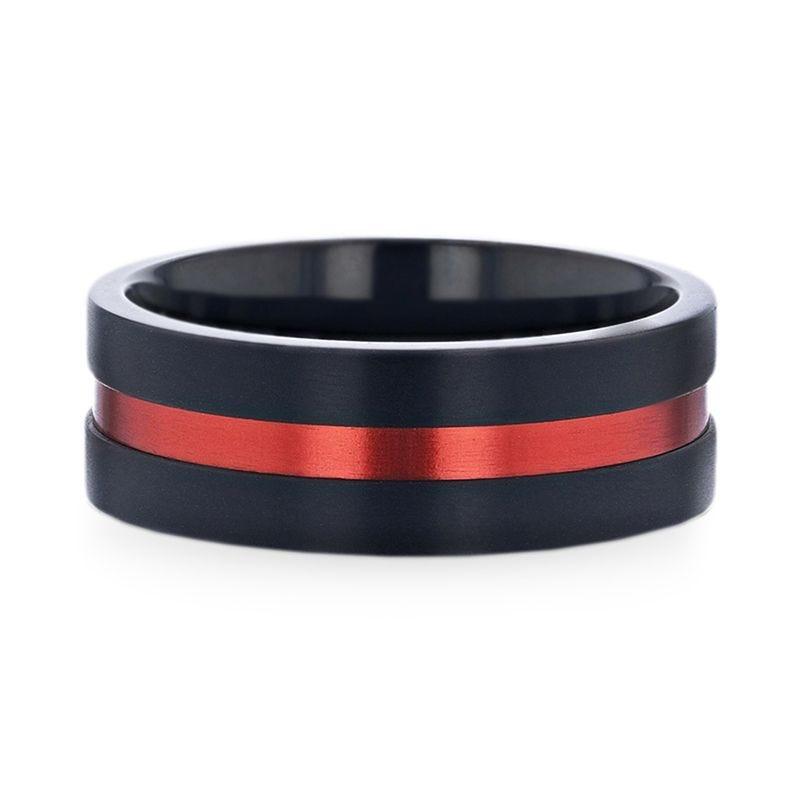 BLAZE Flat Brushed Black Titanium Men's Wedding Band With Red Aluminum Groove Brushed Center - 8mm