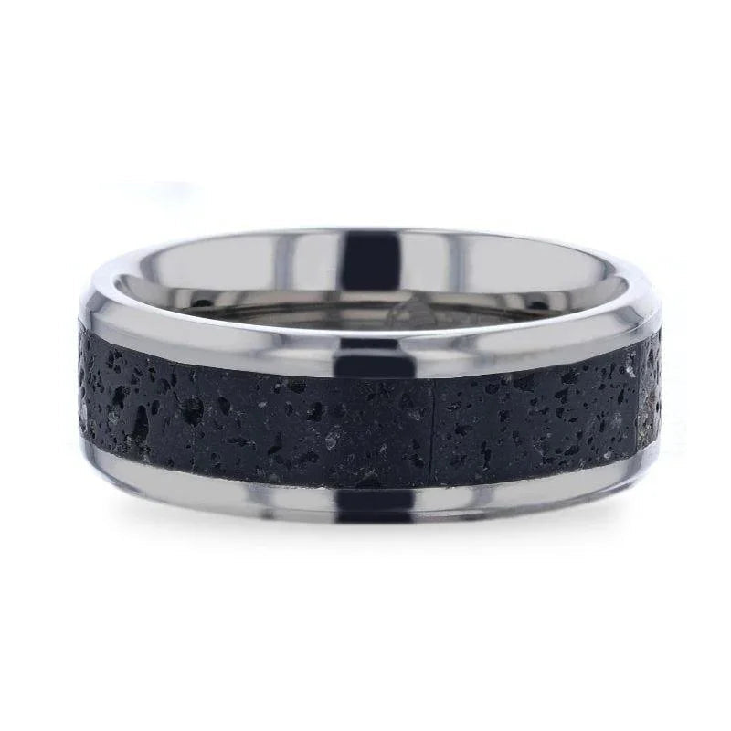MAUNA Black And Gray Lava Inlaid Titanium Men's Wedding Band With Polished Beveled Edges - 8mm