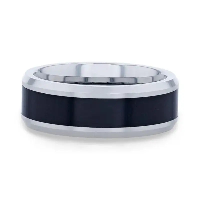HAWK Polished Black Ceramic Inlaid Tungsten Men's Wedding Band with Bevels by Thorsten - 8mm