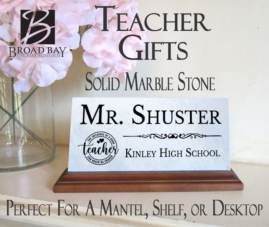 Teacher Desk Nameplate – Personalized Marble Name Plaque with School Name & Badge Design