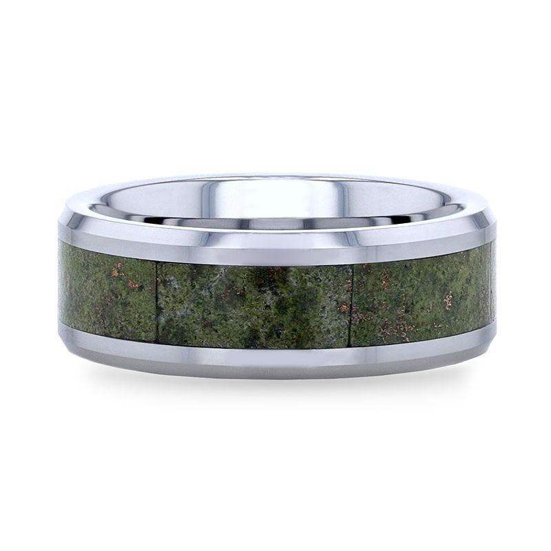 LIBERTY Tungsten Carbide ring with Beveled Edges and Green Copper Conglomerate Inlay - 8mm