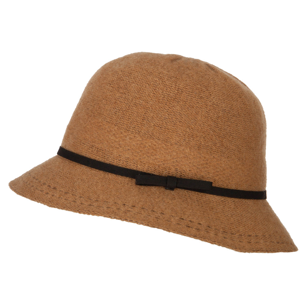 Women's Wool Tie Accented and Stitching Brim Edge Cloche Bucket Hat