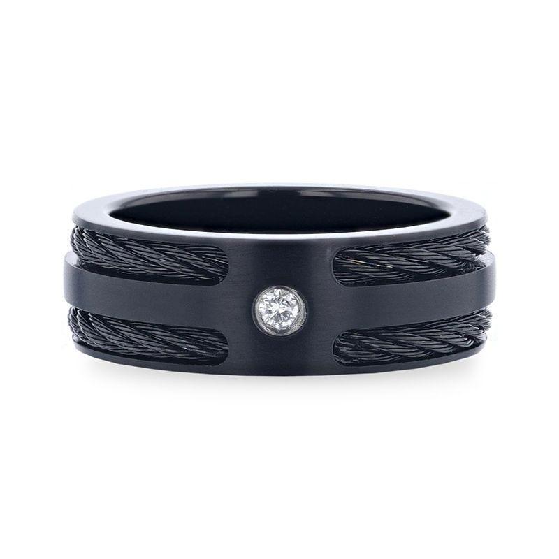 NOIR Double Black Rope Inlaid Brushed Matte Black Titanium Men's Wedding Band With Black Edge Channel Setting And White Diamond In The Center - 8mm